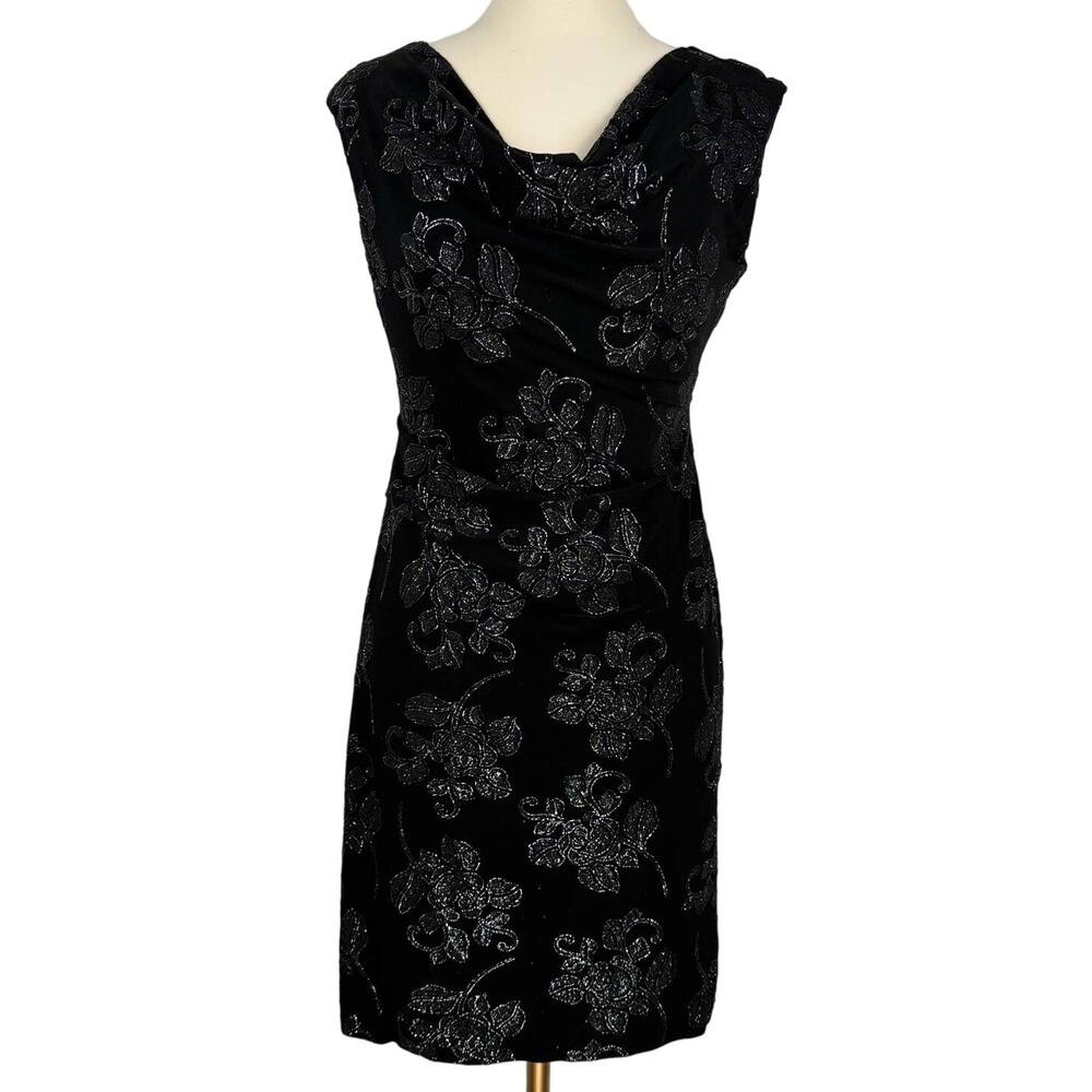SCARLETT | Black Floral Glitter Draped‎ Neck Pencil Midi Dress | Women's 10